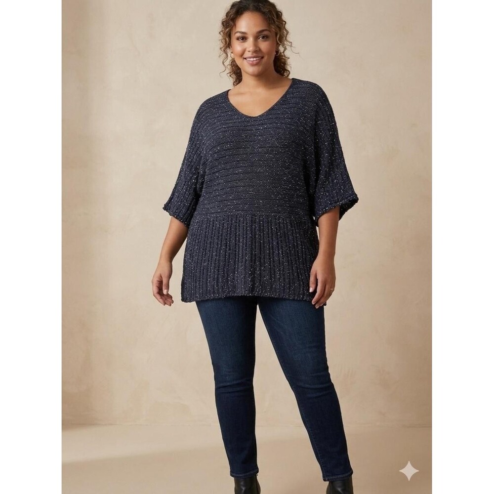 Pure Jill Sweater Womens 3X Plus Blue Knit Kimono Tunic 3/4 Sleeve Relaxed Fit